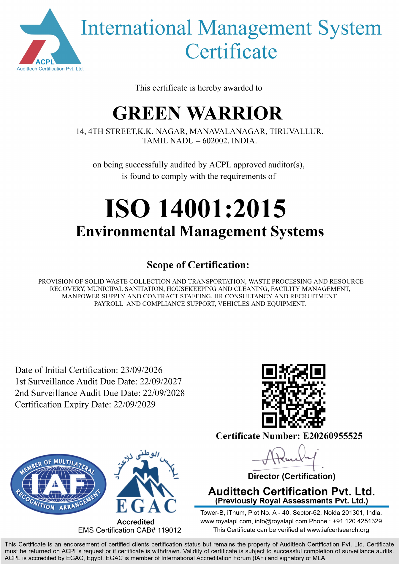 Green Warrior ISO 14001:2015 certificate, number E20260955525