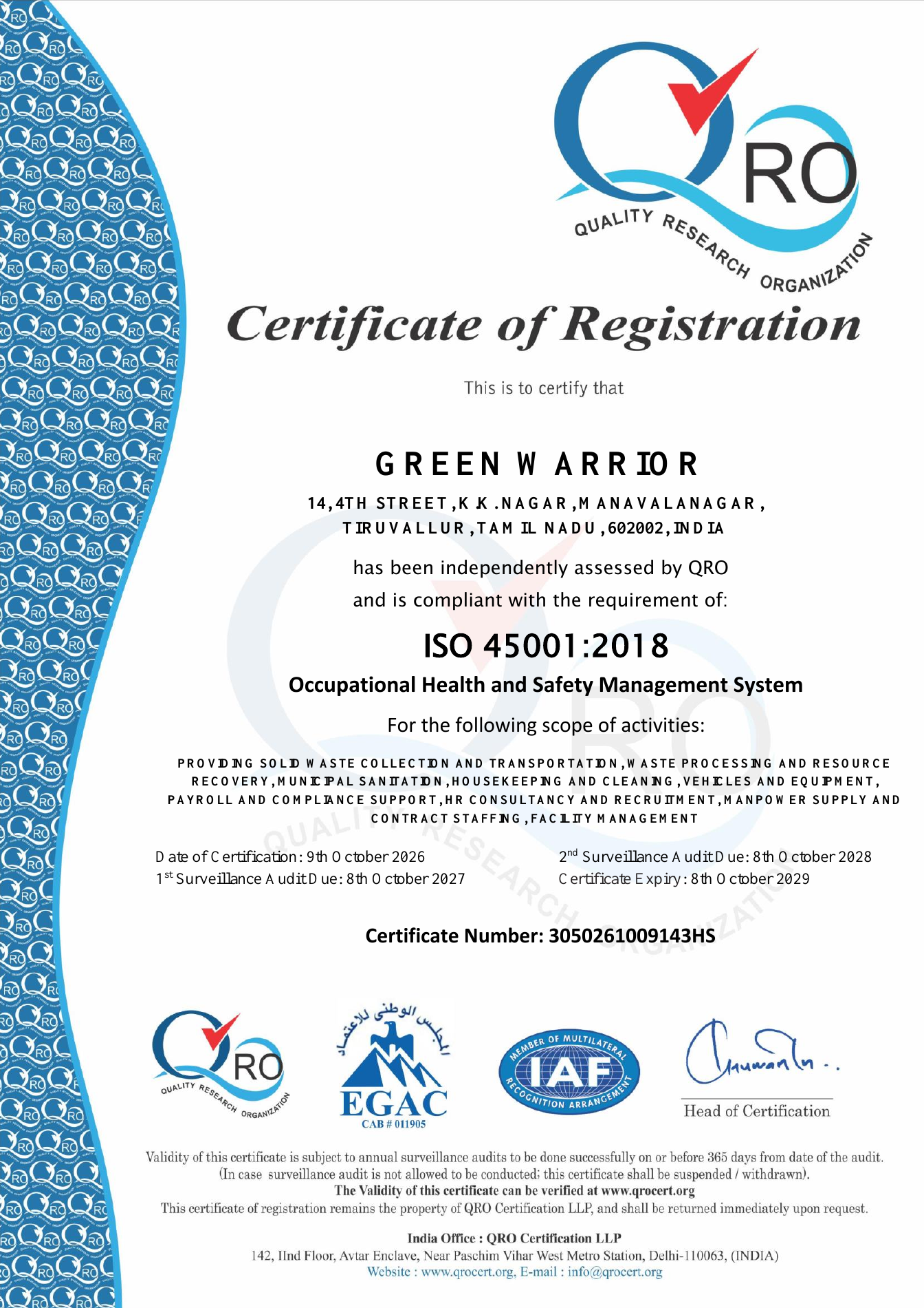 Green Warrior ISO 45001:2018 certificate, number 3050261009143HS