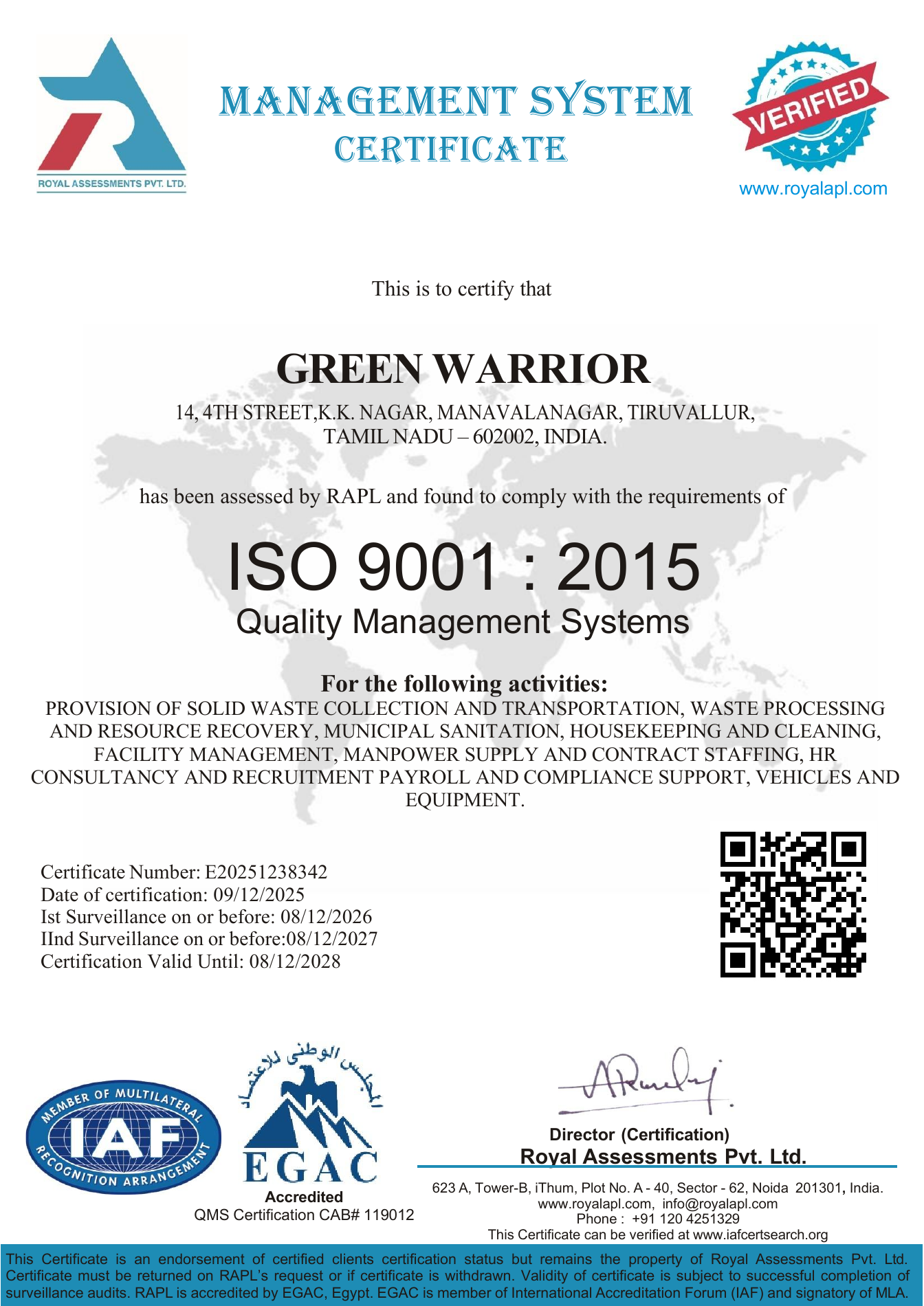 Green Warrior ISO 9001:2015 certificate, number E20251238342